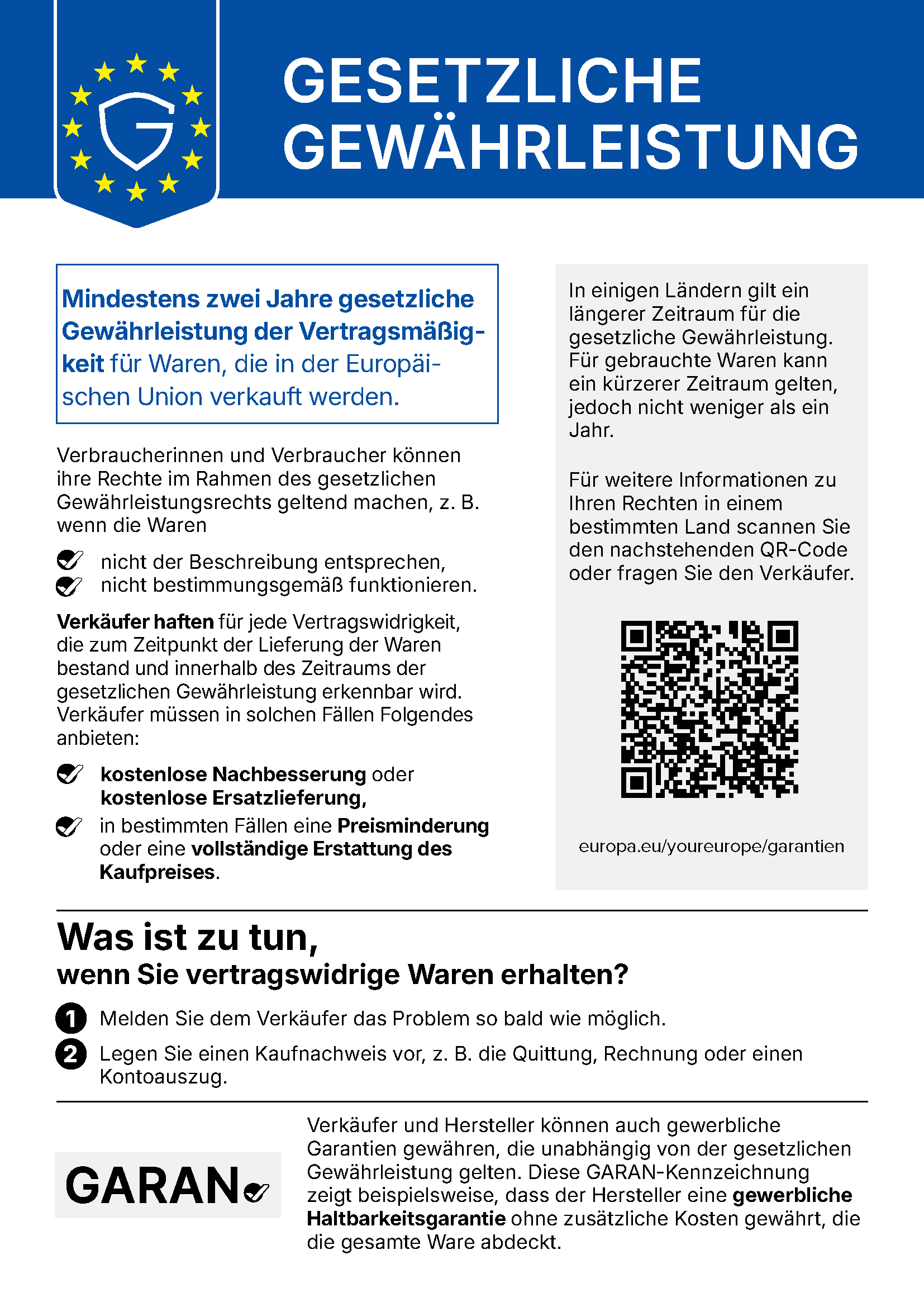 Offizieller EU-Hinweis zur gesetzlichen Gewährleistung: mindestens zwei Jahre gesetzliche Gewährleistung für in der EU verkaufte Waren.